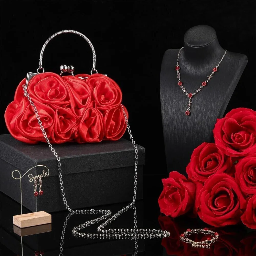 Women Rose Clutch Purse Jewelry Set Satin Evening Handbag Gift for Weddings